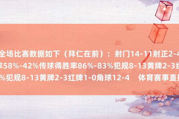 全场比赛数据如下（拜仁在前）：射门14-11射正2-4进球契机1-2控球率58%-42%传球得胜率86%-83%犯规8-13黄牌2-3红牌1-0角球12-4    体育赛事直播