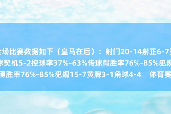 全场比赛数据如下（皇马在后）：射门20-14射正6-7预期进球2.36-1.40进球契机5-2控球率37%-63%传球得胜率76%-85%犯规15-7黄牌3-1角球4-4    体育赛事直播